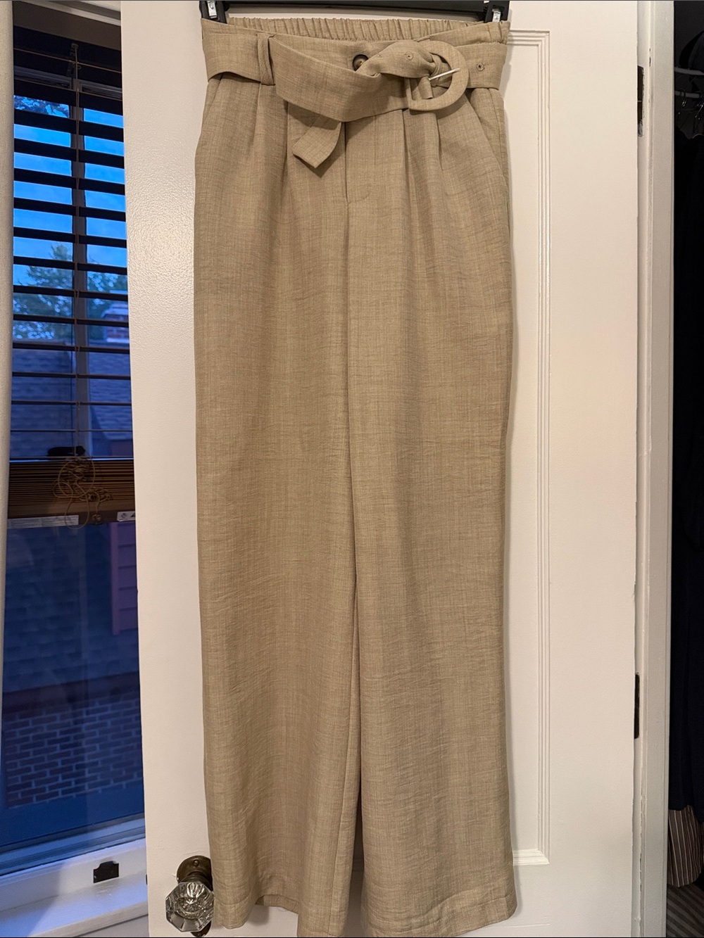 High-Waist Paperbag Wide-Leg Pants in Beige w/ Belt
